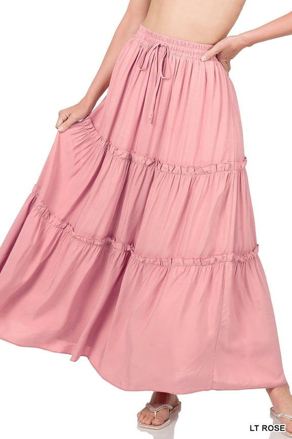 Women & Plus Boho Elastic Drawstring Waist Tiered Ruffle A-Line Woven Maxi Skirt
