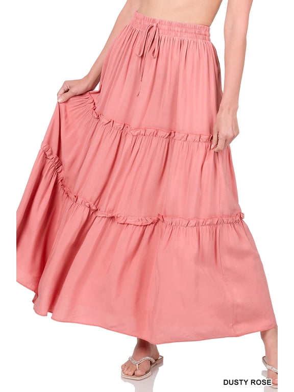 Women & Plus Boho Elastic Drawstring Waist Tiered Ruffle A-Line Woven Maxi Skirt