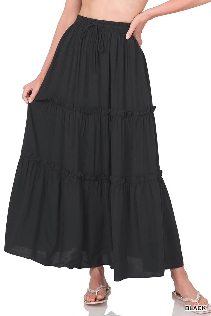 Zenana Women & Plus Boho Elastic Drawstring Waist Tiered Ruffle ALine