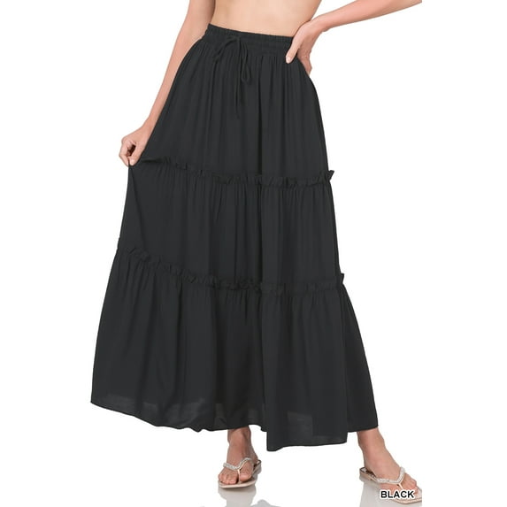 Zenana Women & Plus Boho Elastic Drawstring Waist Tiered Ruffle A-Line Woven Maxi Skirt
