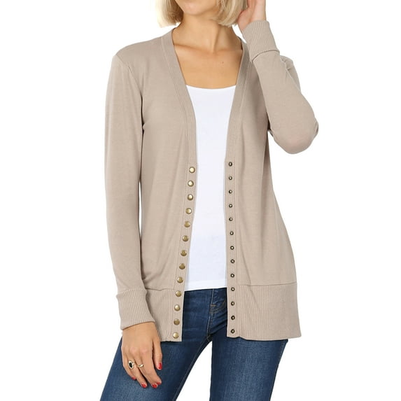 Zenana Women & Plus Classic Front V-Neck Thin Snap Button Down Long Sleeve Ribbed Knit Cardigan