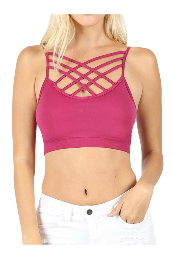 Women & Plus Comfort Seamless Crisscross Front Strappy Bralette Sports Bra Top with Removable Pads