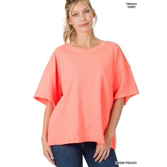 Zenana Women & Plus Cotton French Terry Drop Shoulder Raw Edge Casual Solid Tee Shirt Top