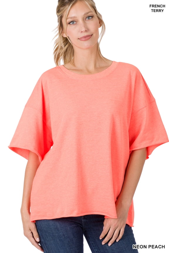 Women & Plus Cotton French Terry Drop Shoulder Raw Edge Casual Solid Tee Shirt Top