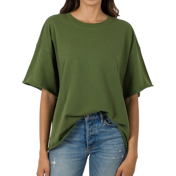 Zenana Women & Plus Cotton French Terry Drop Shoulder Raw Edge Relaxed Casual Solid Tee Shirt Top
