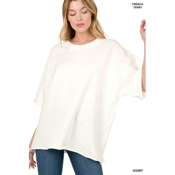 Zenana Women & Plus Cotton French Terry Drop Shoulder Raw Edge Relaxed Casual Solid Tee Shirt Top