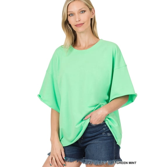 Zenana Women & Plus Cotton French Terry Drop Shoulder Raw Edge Relaxed Casual Solid Tee Shirt Top