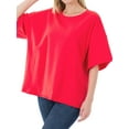thumbnail image 1 of Zenana Women & Plus Cotton French Terry Drop Shoulder Raw Edge Relaxed Casual Solid Tee Shirt Top, 1 of 4
