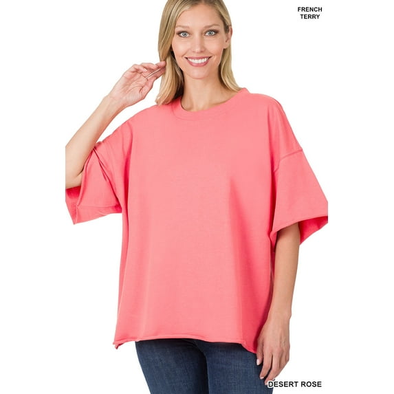 Zenana Women & Plus Cotton French Terry Drop Shoulder Raw Edge Relaxed Casual Solid Tee Shirt Top