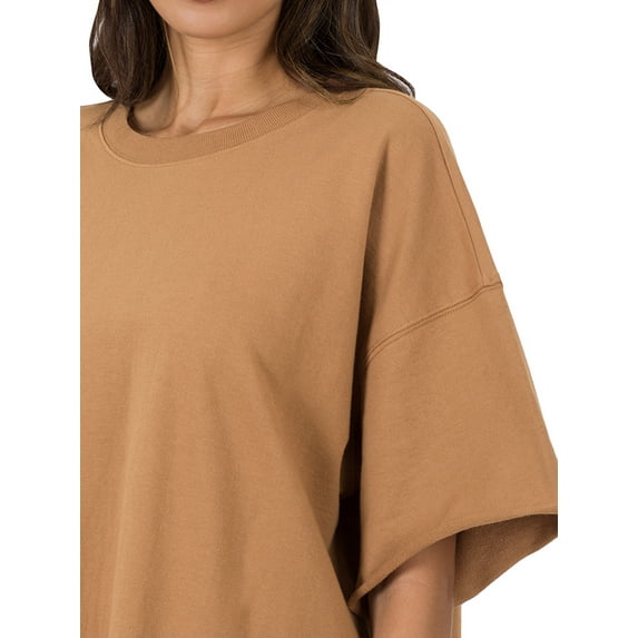 Zenana Women & Plus Cotton French Terry Drop Shoulder Raw Edge Relaxed Casual Solid Tee Shirt Top