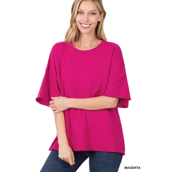 Zenana Women & Plus Cotton French Terry Drop Shoulder Raw Edge Relaxed Casual Solid Tee Shirt Top