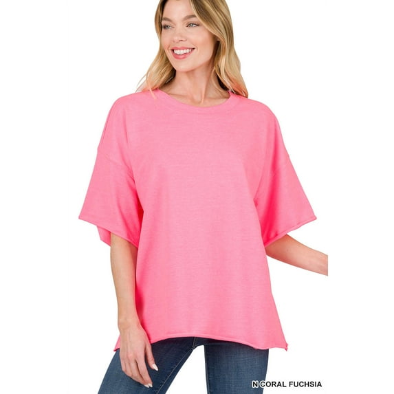 Zenana Women & Plus Cotton French Terry Drop Shoulder Raw Edge Relaxed Casual Solid Tee Shirt Top