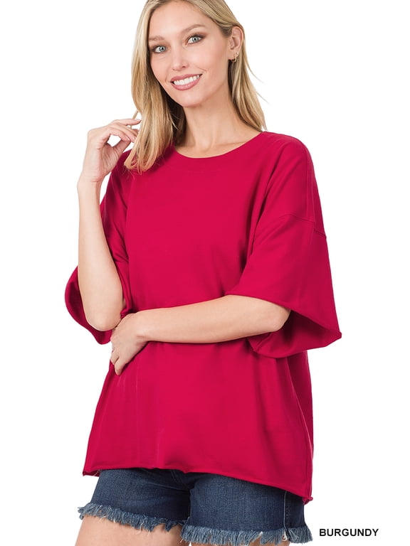 Women & Plus Cotton French Terry Drop Shoulder Raw Edge Relaxed Casual Solid Tee Shirt Top