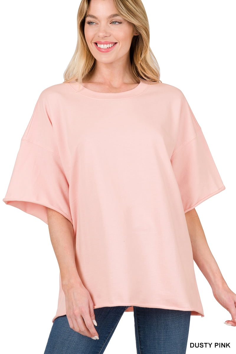 Zenana French Terry Washed Drop Shoulder Raw Edge Top