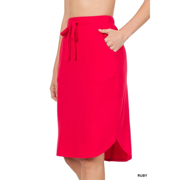Zenana Women & Plus Elastic Waist Knee Length Tulip Hem Midi Skirt with Side Pockets & Self Tie Drawstring