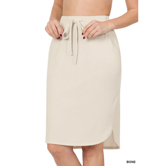 Zenana Women & Plus Elastic Waist Knee Length Tulip Hem Midi Skirt with Side Pockets & Self Tie Drawstring