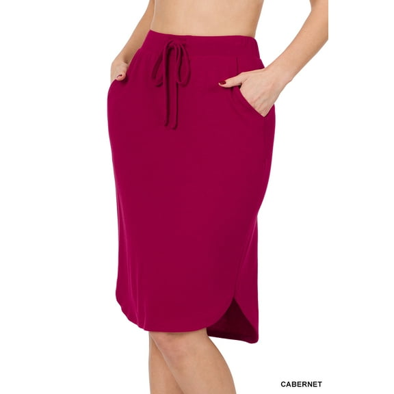 Zenana Women & Plus Elastic Waist Knee Length Tulip Hem Midi Skirt with Side Pockets & Self Tie Drawstring