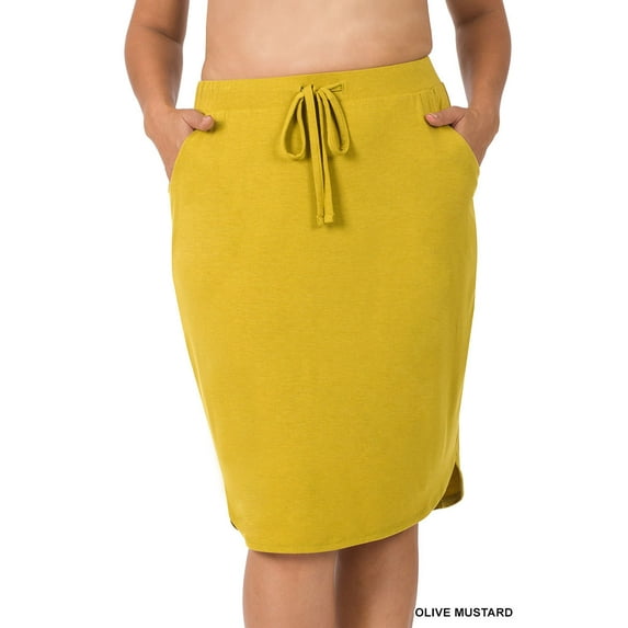 Zenana Women & Plus Elastic Waist Knee Length Tulip Hem Midi Skirt with Side Pockets & Self Tie Drawstring