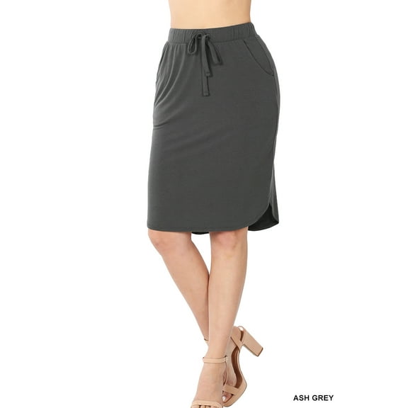 Zenana Women & Plus Elastic Waist Knee Length Tulip Hem Midi Skirt with Side Pockets & Self Tie Drawstring