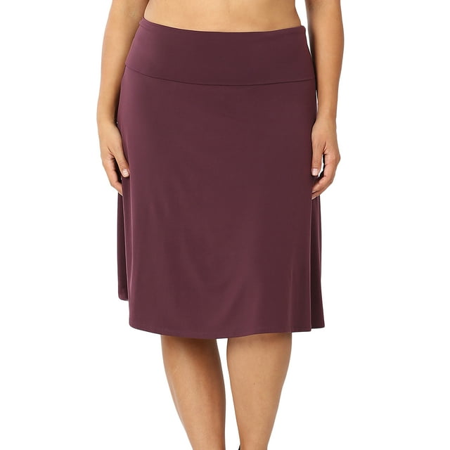 Zenana Women & Plus Fold Over Banded Waist A-Line Flared Knee Length Midi Skirt