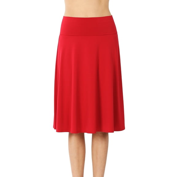 Zenana Women & Plus Fold Over Banded Waist A-Line Flared Knee Length Midi Skirt
