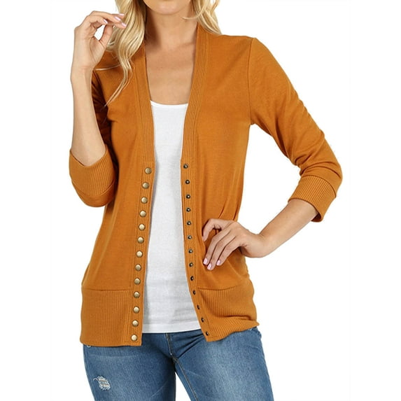 Zenana Women & Plus Front V-Neck Classic Thin Snap Button Down 3/4 Sleeve Ribbed Knit Cardigan