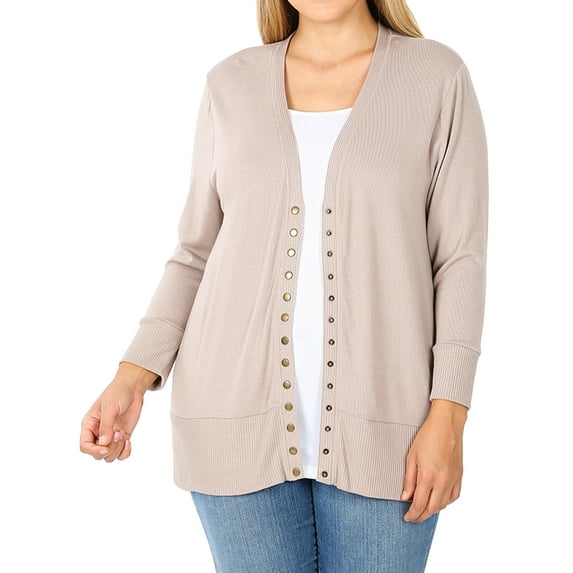 Zenana Women & Plus Front V-Neck Classic Thin Snap Button Down 3/4 Sleeve Ribbed Knit Cardigan