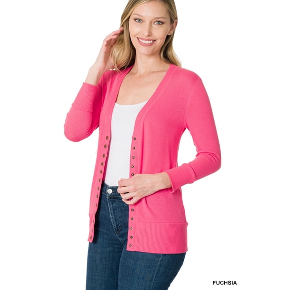 Zenana Women & Plus Front V-Neck Classic Thin Snap Button Down 3/4 Sleeve Ribbed Knit Cardigan