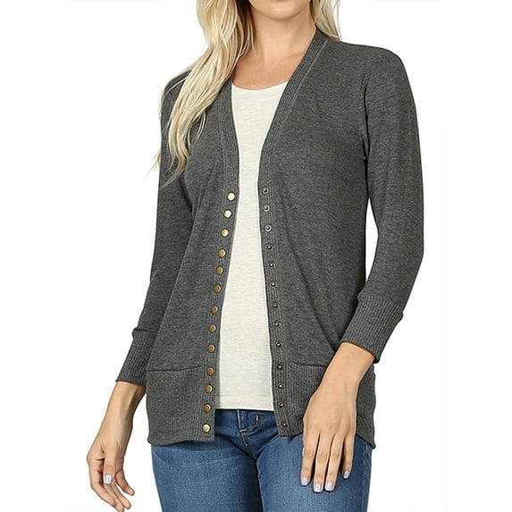 Zenana Women & Plus Front V-Neck Classic Thin Snap Button Down 3/4 Sleeve Ribbed Knit Cardigan
