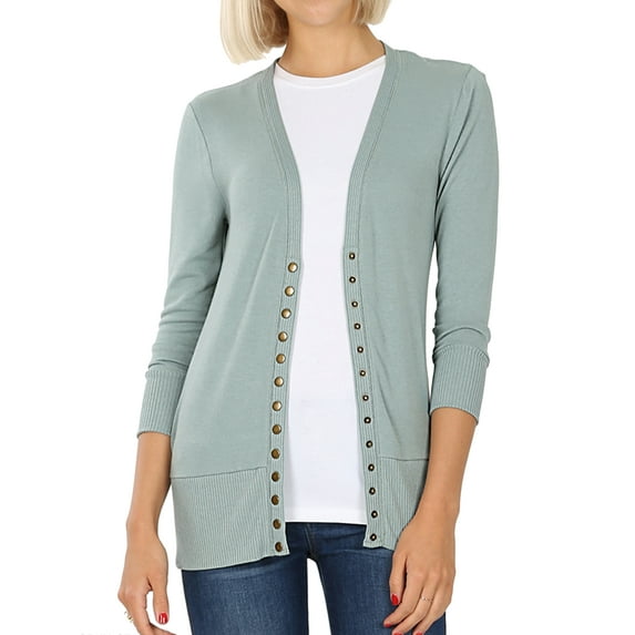 Zenana Women & Plus Front V-Neck Classic Thin Snap Button Down 3/4 Sleeve Ribbed Knit Cardigan