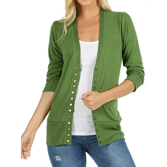 Zenana Women & Plus Front V-Neck Classic Thin Snap Button Down 3/4 Sleeve Ribbed Knit Cardigan