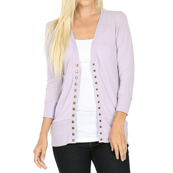 Zenana Women & Plus Front V-Neck Classic Thin Snap Button Down 3/4 Sleeve Ribbed Knit Cardigan