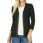 Zenana Women & Plus Front V-Neck Classic Thin Snap Button Down 3/4 Sleeve Ribbed Knit Cardigan