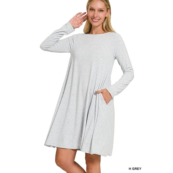 Zenana Women & Plus Long Sleeve Jersey Flared Swing T-Shirt Tunic Dress with Side Pockets
