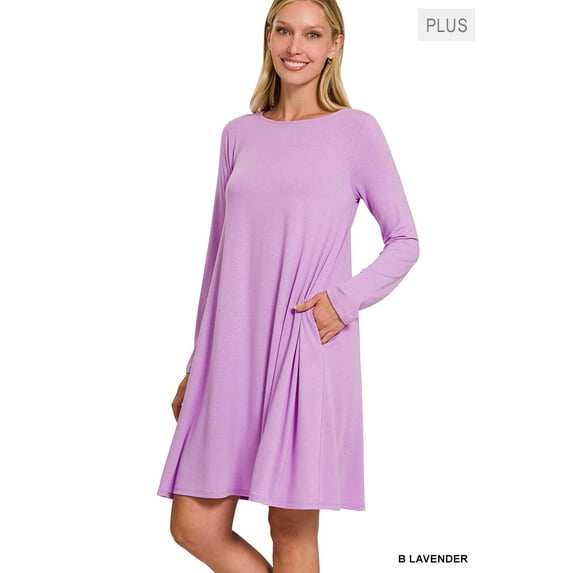 Zenana Women & Plus Long Sleeve Jersey Flared Swing T-Shirt Tunic Dress with Side Pockets