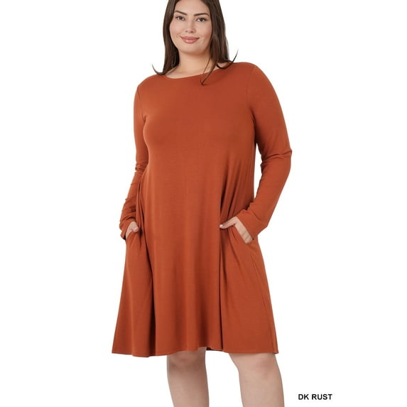 Zenana Women & Plus Long Sleeve Jersey Flared Swing T-Shirt Tunic Dress with Side Pockets