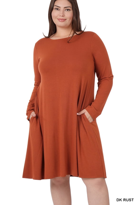 Women & Plus Long Sleeve Jersey Flared Swing T-Shirt Tunic Dress with Side Pockets