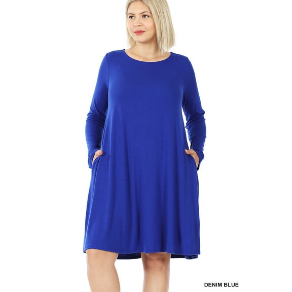 Zenana Women & Plus Long Sleeve Jersey Flared Swing T-Shirt Tunic Dress with Side Pockets