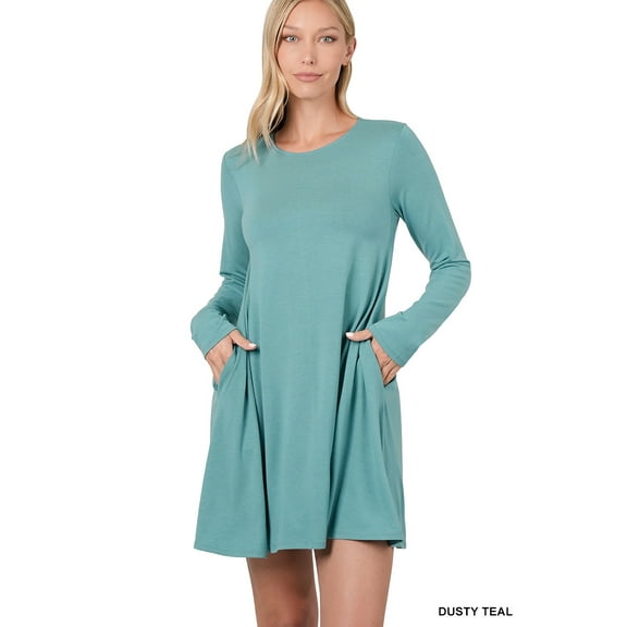 Zenana Women & Plus Long Sleeve Jersey Flared Tunic Top with Side Pockets