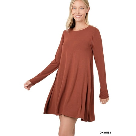 Zenana Women & Plus Long Sleeve Jersey Flared Tunic Top with Side Pockets