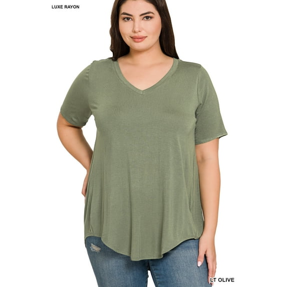Zenana Women & Plus Luxe Rayon Short Sleeve V-Neck Hi-Low Hem Casual Tee-Shirt Top