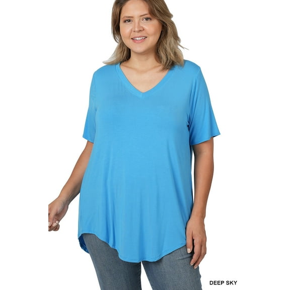 Zenana Women & Plus Luxe Rayon Short Sleeve V-Neck Hi-Low Hem Casual Tee-Shirt Top
