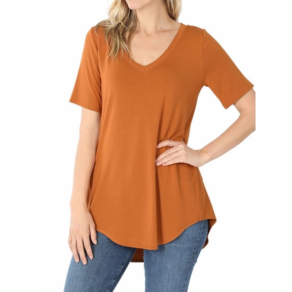 Zenana Women & Plus Luxe Rayon Short Sleeve V-Neck Hi-Low Hem Casual Tee-Shirt Top