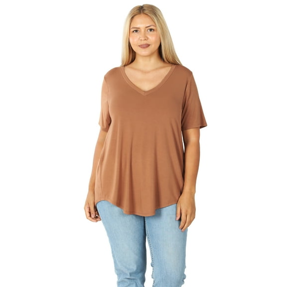 Zenana Women & Plus Luxe Rayon Short Sleeve V-Neck Hi-Low Hem Casual Tee-Shirt Top