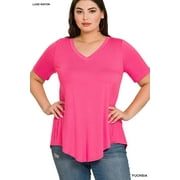 Zenana Women & Plus Luxe Rayon Short Sleeve V-Neck Hi-Low Hem Casual Tee-Shirt Top