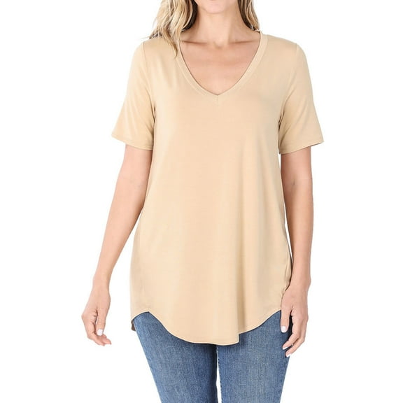 Zenana Women & Plus Luxe Rayon Short Sleeve V-Neck Hi-Low Hem Casual Tee-Shirt Top