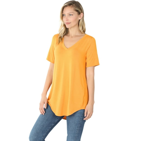 Zenana Women & Plus Luxe Rayon Short Sleeve V-Neck Hi-Low Hem Casual Tee-Shirt Top