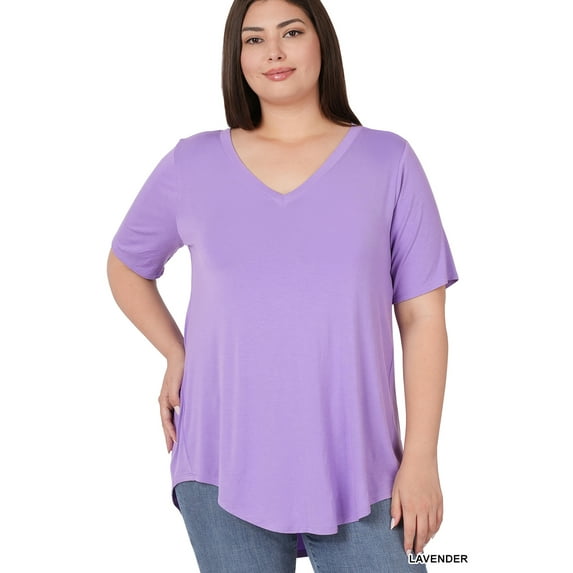 Zenana Women & Plus Luxe Rayon Short Sleeve V-Neck Hi-Low Hem Casual Tee-Shirt Top