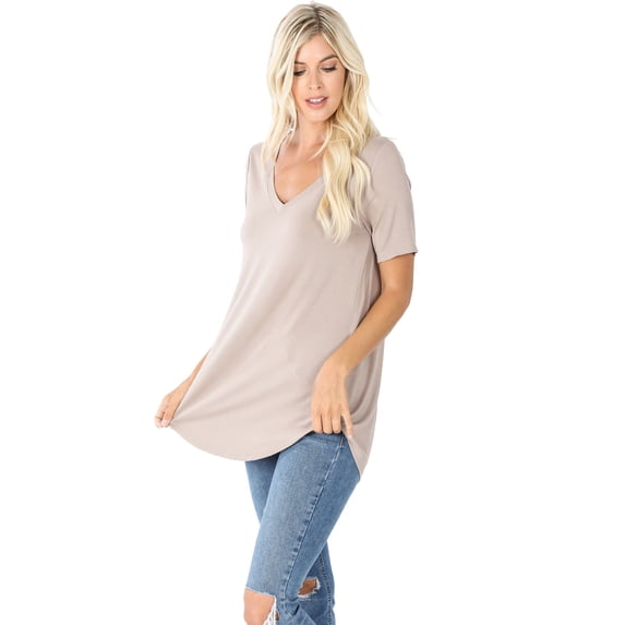 Zenana Women & Plus Luxe Rayon Short Sleeve V-Neck Hi-Low Hem Casual Tee-Shirt Top