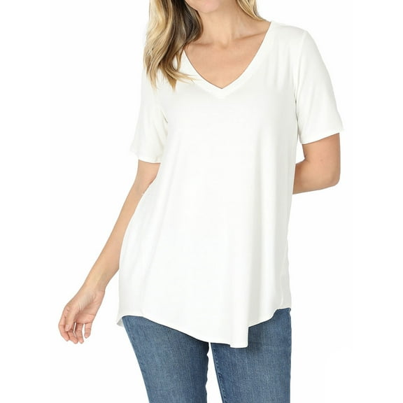 Zenana Women & Plus Luxe Rayon Short Sleeve V-Neck Hi-Low Hem Casual Tee-Shirt Top
